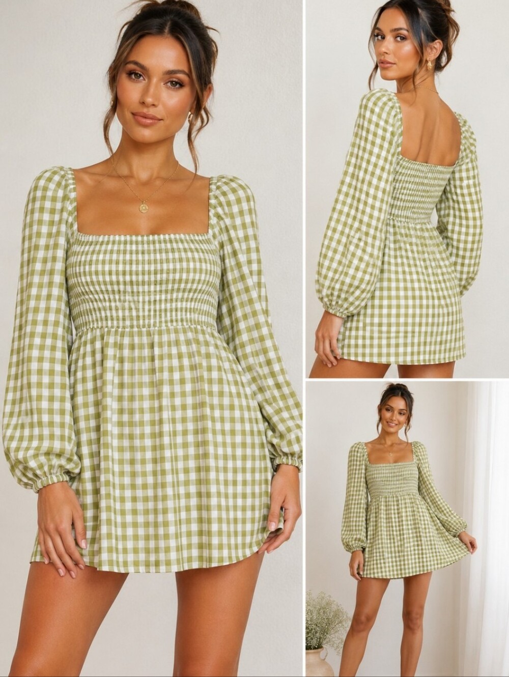 Pretty Little Things Olive Green Gingham Smocked Babydoll Mini Dress Puff Sleeve